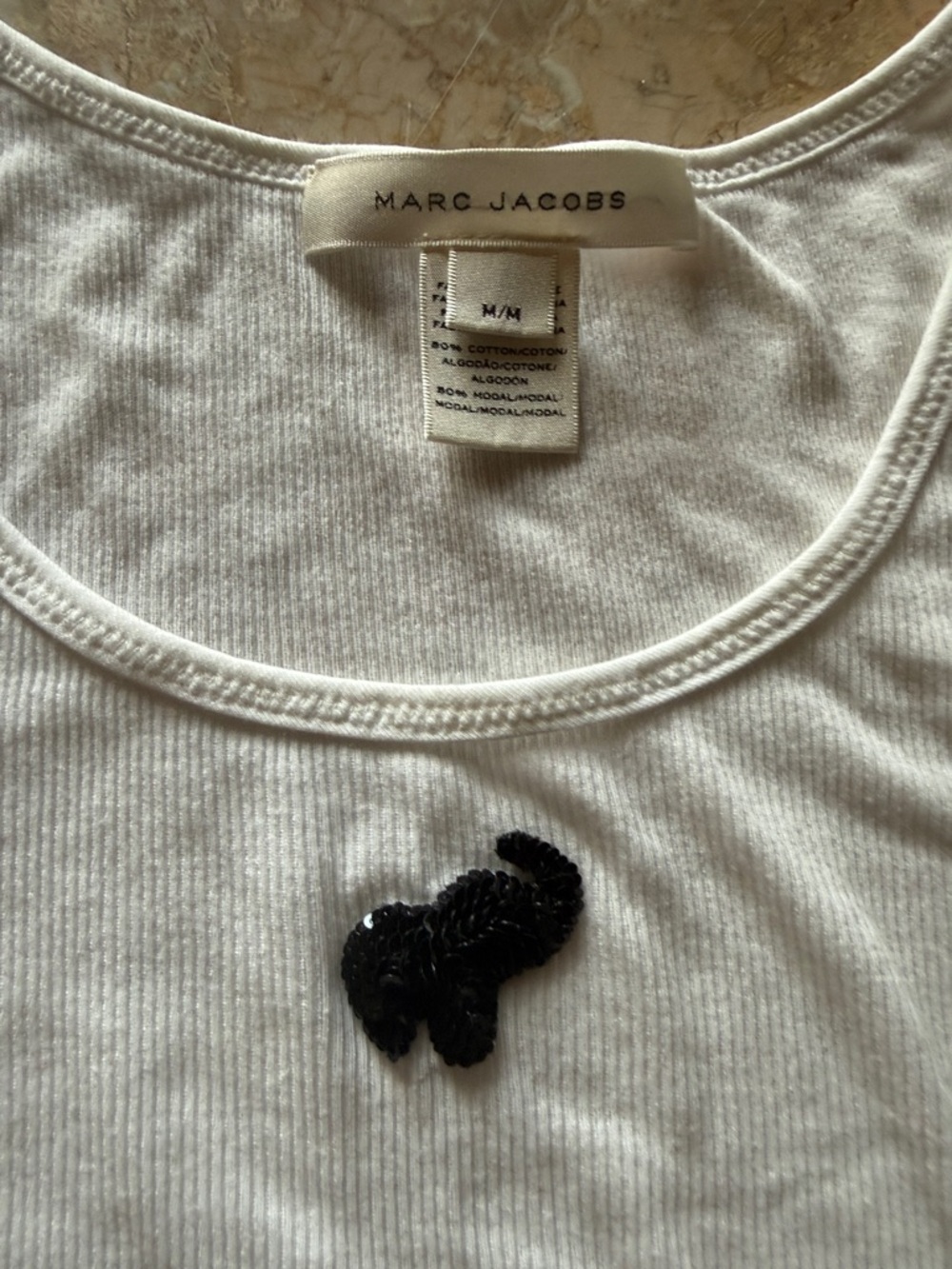 Marc Jacobs White Ribbed Tank with Black Sequin Animal Patch